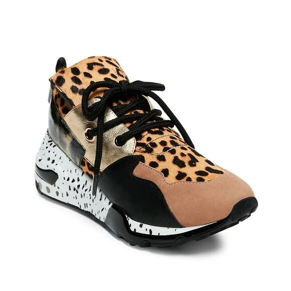 Steve Madden‎ Wedge Sneaker 8.5M Cliff Leather Leopard Print Lace Up Shoes Hair - Picture 9 of 10